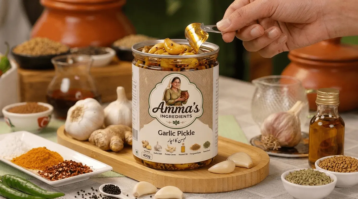 Traditional homemade Desi Lahsan Achar (Garlic Pickle) by Amma's Ingredients Pakistan #1 Alternate View